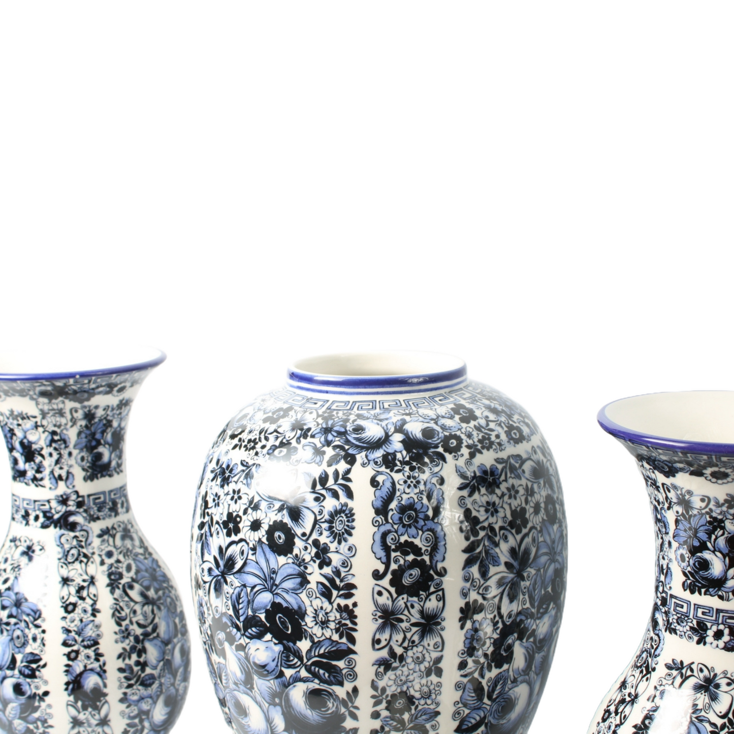 Set of Three Delft Blue Vases with Lidded Vase, Traditional Floral Motifs