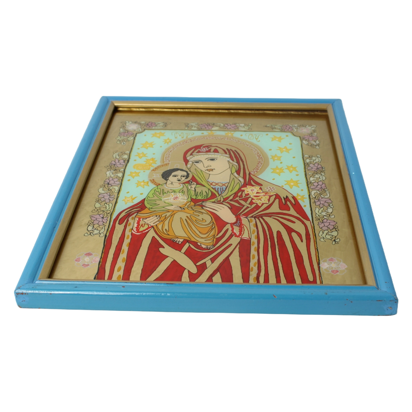Hand-painted Orthodox Icon of Virgin Mary and Child, Vintage Religious Icon 24x3