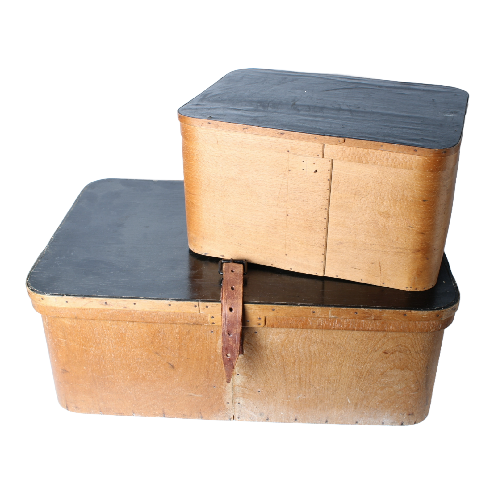 Vintage Wooden Hat Boxes | Spun Wood Construction | Leather Strap | 1900-1930 |