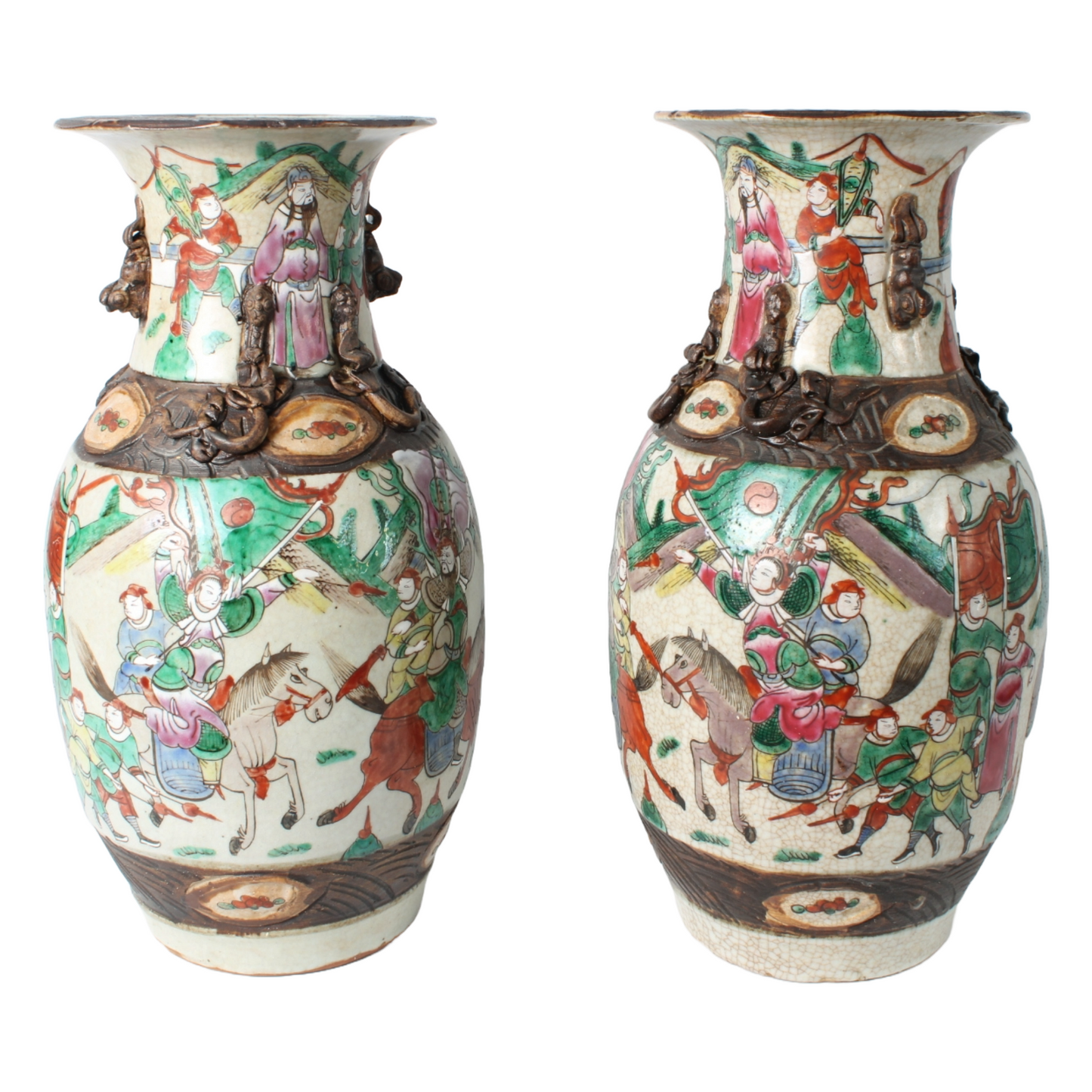 Rare Pair of Antique Chinese Temple Vases in Porcelain with Warrior and Relief