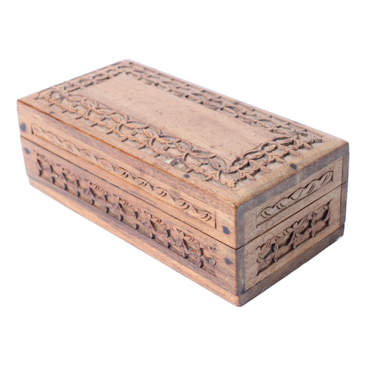Hand-Carved Wooden Storage Box from India with Floral Motifs