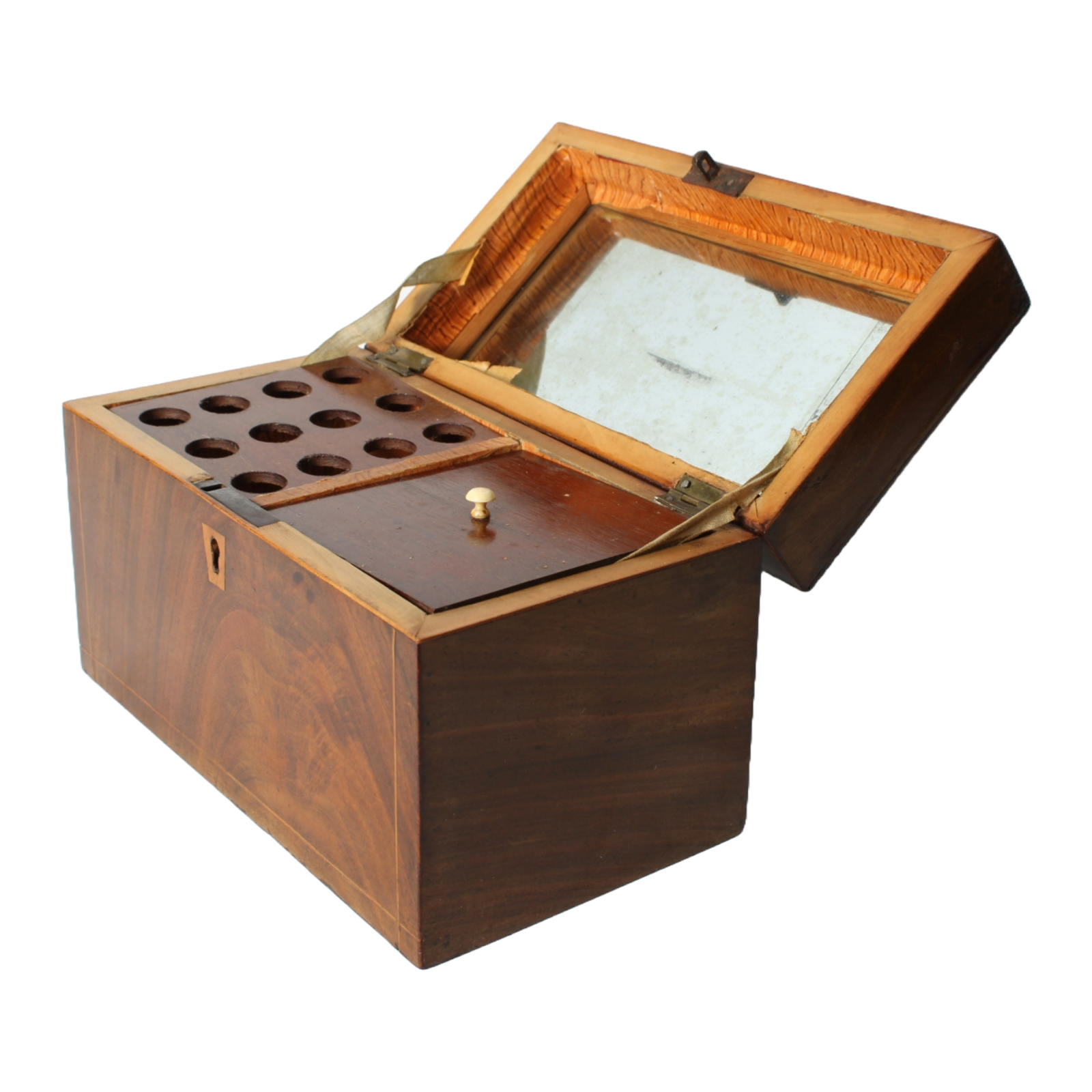 Antique Wooden Tobacco or Tea Caddy with Luxurious Details and Mirror, ca. 1830