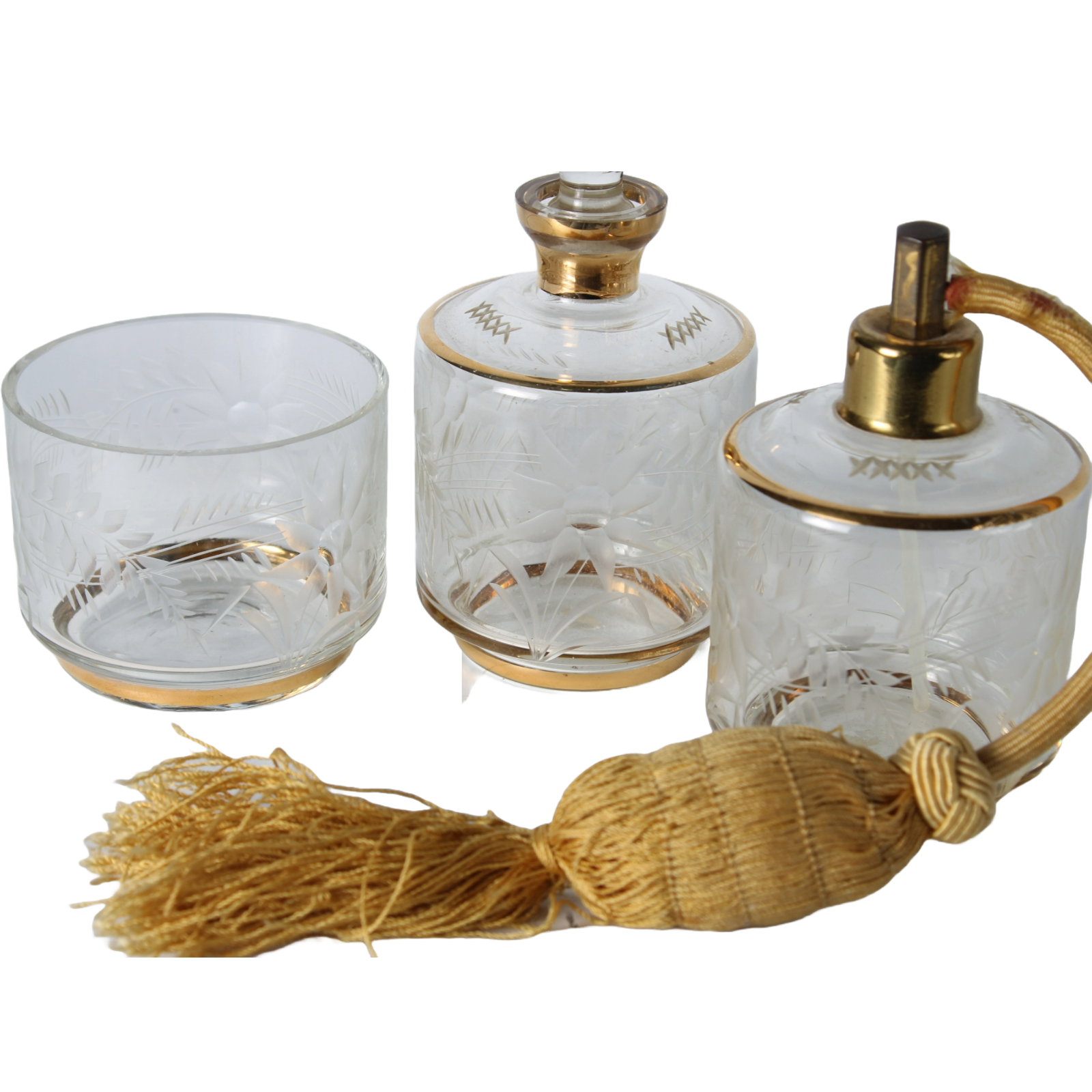 Antique Art Deco Perfume Set | Etched Glass with Gilding | Luxury Vanity