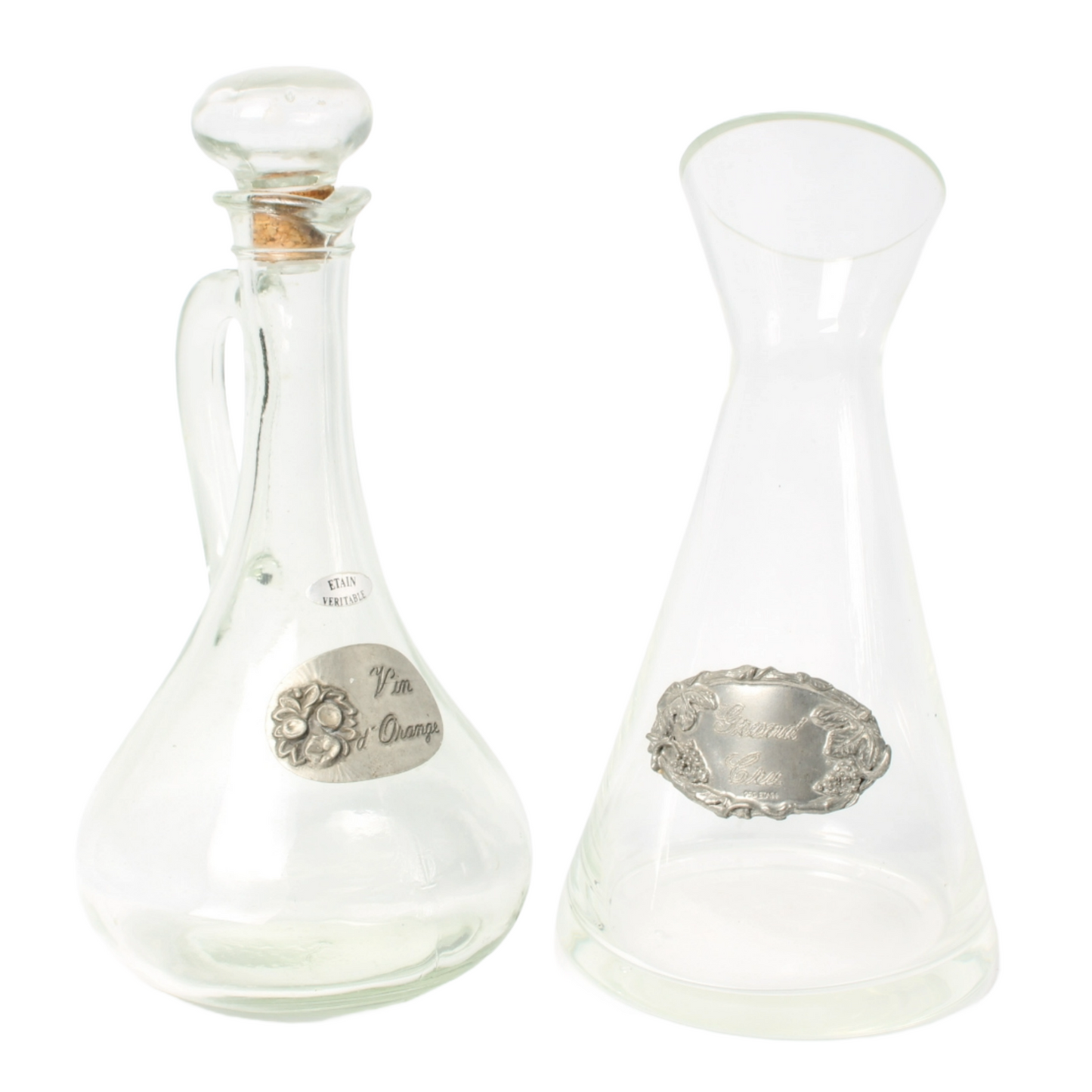 Set of Two Elegant French Carafes – Glass and Pewter – 30 cm and 28.5 cm