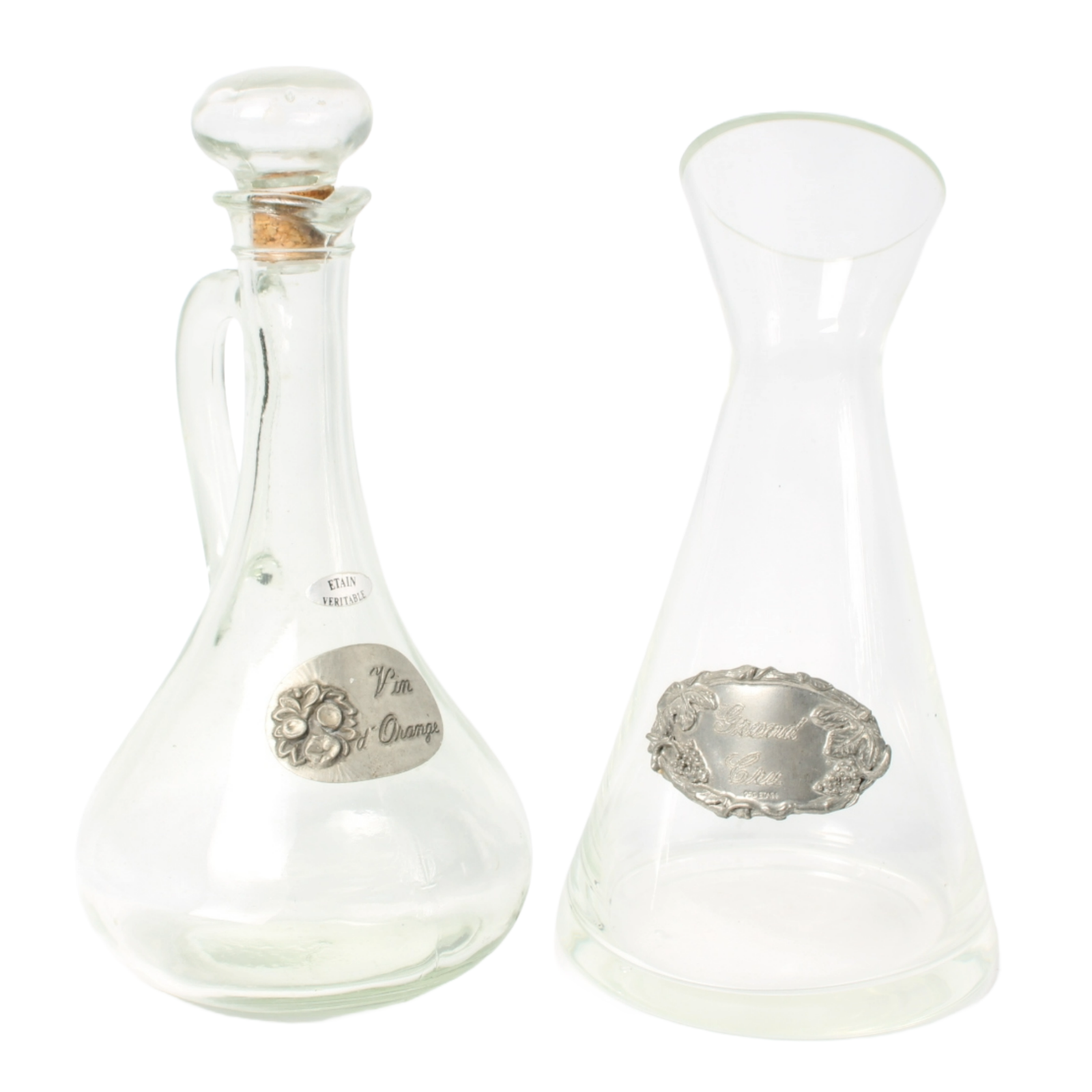 Set of Two Elegant French Carafes – Glass and Pewter – 30 cm and 28.5 cm