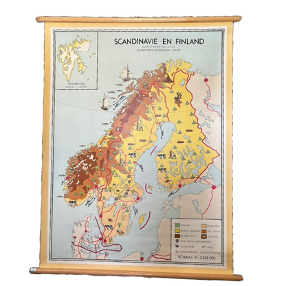 Vintage Scandinavian & Finland School Map on Canvas with Wooden Rods