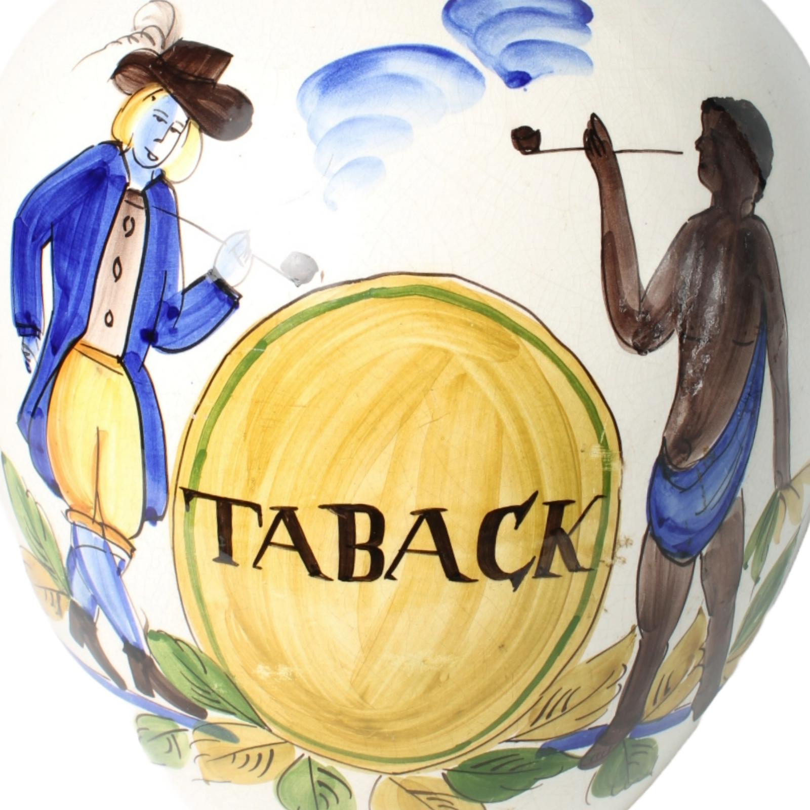 Hand-Painted Ceramic Tobacco Jar with Colonial Imagery and Brass Lid | "TABACK"