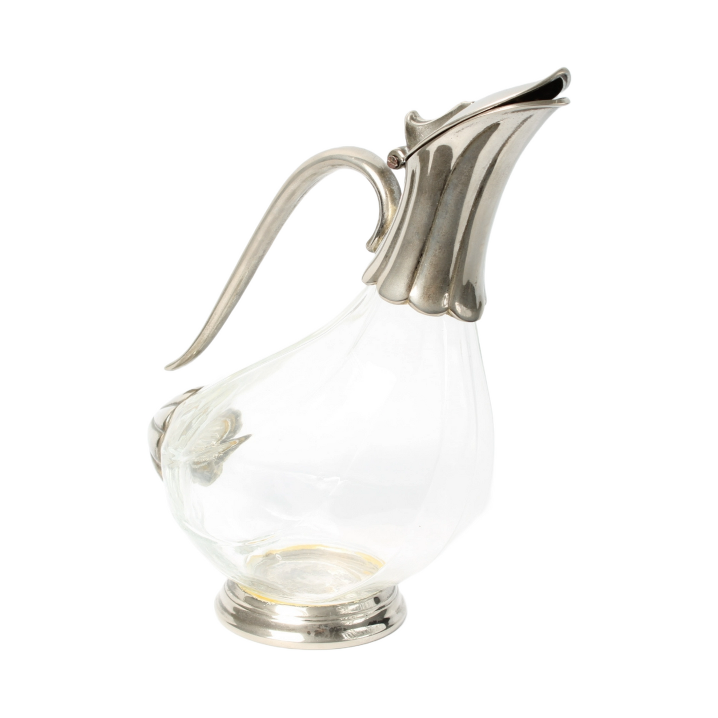Elegant French Glass Carafe with Silver-Plated Details – 25 cm Long, 20 cm Tall