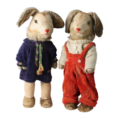 Antique Pair of Rabbit Dolls – Handmade Fabric Outfits – Rare Collectible Toy