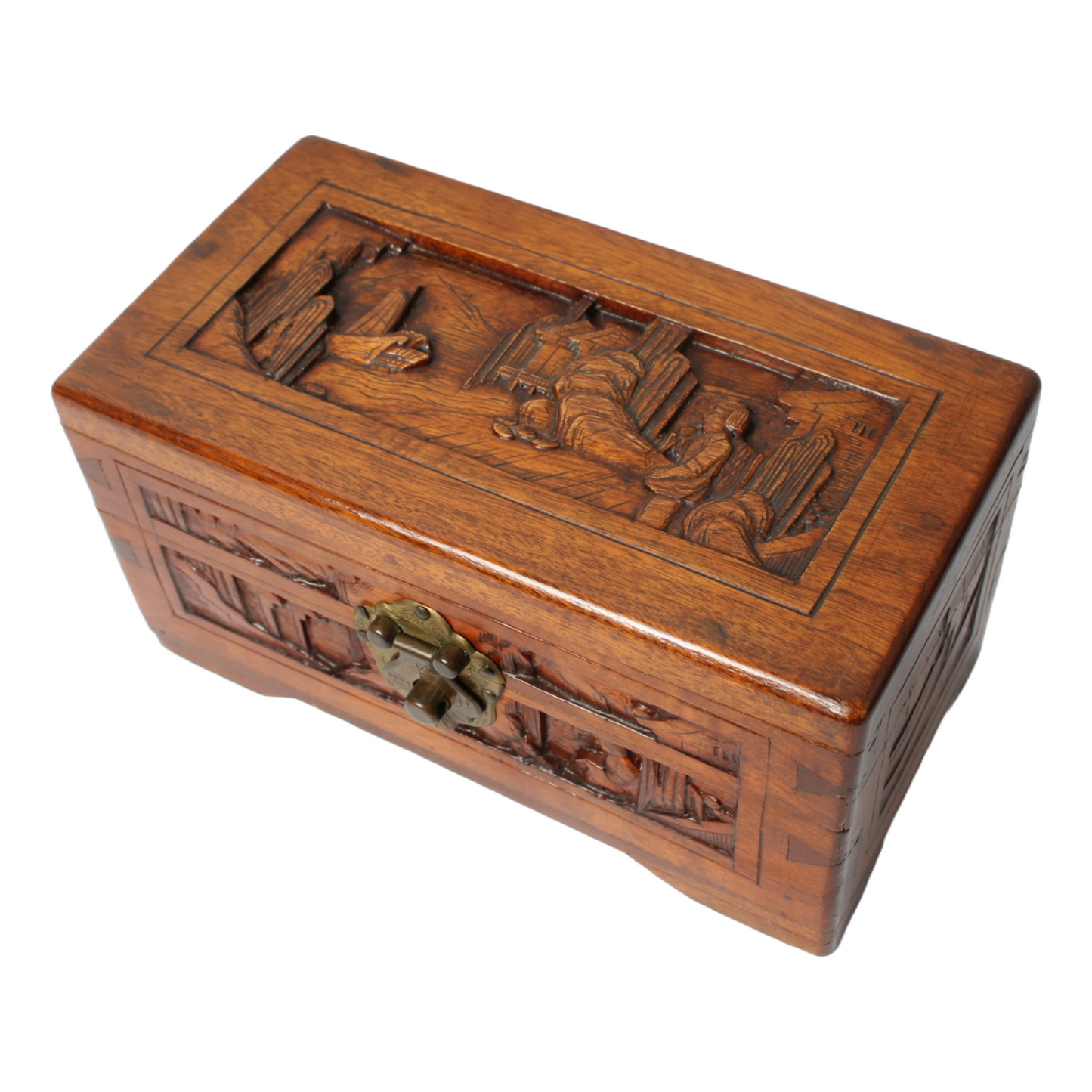 Hand-Carved Wooden Box with Brass Lock, China, circa 1930