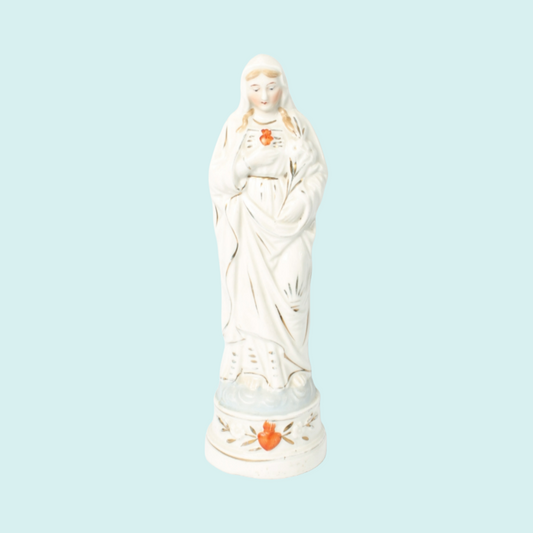 Porcelain Virgin Mary with Sacred Heart Figurine - Hand-Painted - 1990