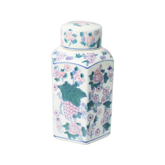 Vintage Chinese Porcelain Tea Caddy | Hand-Painted Floral and Grape Design |