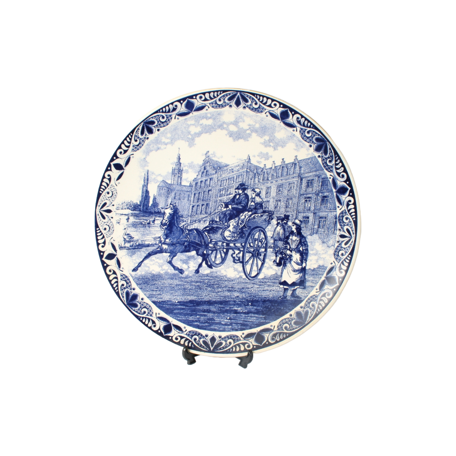 Hand-painted Chemkefa Delft Blue Plate with Dutch Horse and Carriage Scene, 38cm