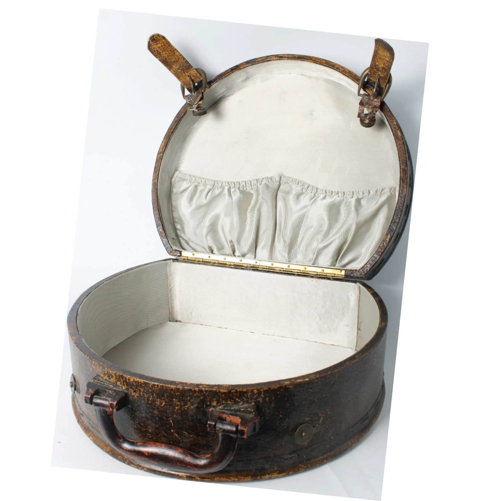 Antique round hat box with leather handle and straps – elegant ladies' travel