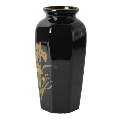 Vintage Hand-Painted Japanese Ceramic Vase with Iris Motif, Black and Gold, 1950
