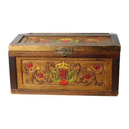 Unique Antique Wooden Chest with Colorful Coat of Arms | Hand-Carved & Painted |