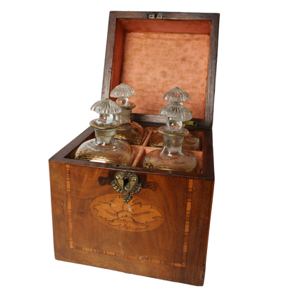 Antique Mahogany Liquor Caddy | 19th-Century Box with Crystal Decanters & Gold