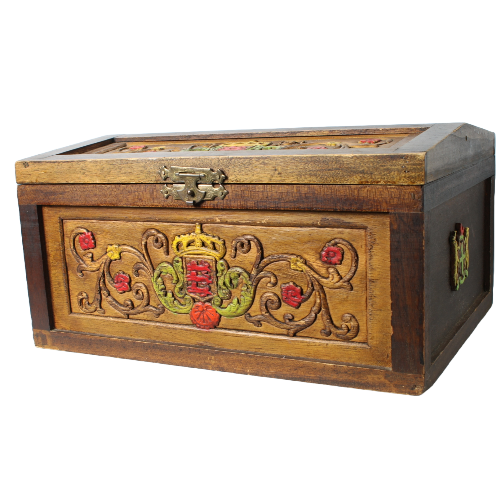 Unique Antique Wooden Chest with Colorful Coat of Arms | Hand-Carved & Painted |