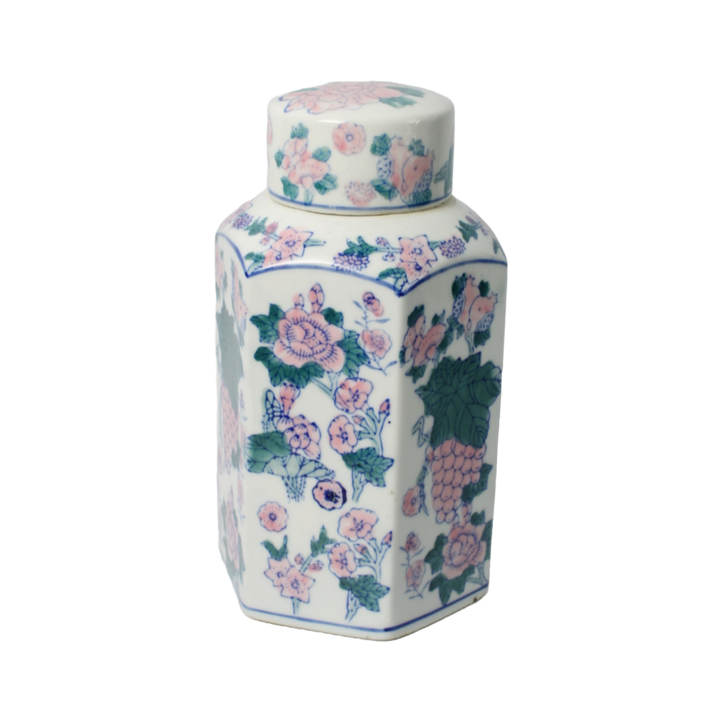 Vintage Chinese Porcelain Tea Caddy | Hand-Painted Floral and Grape Design |