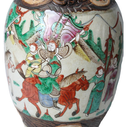Rare Pair of Antique Chinese Temple Vases in Porcelain with Warrior and Relief
