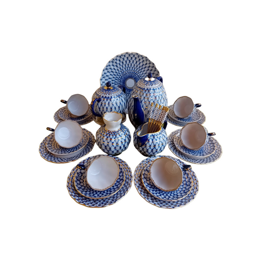 Luxury 23-Piece Vintage Lomonosov Cobalt Net Coffee Set with Gold Accents