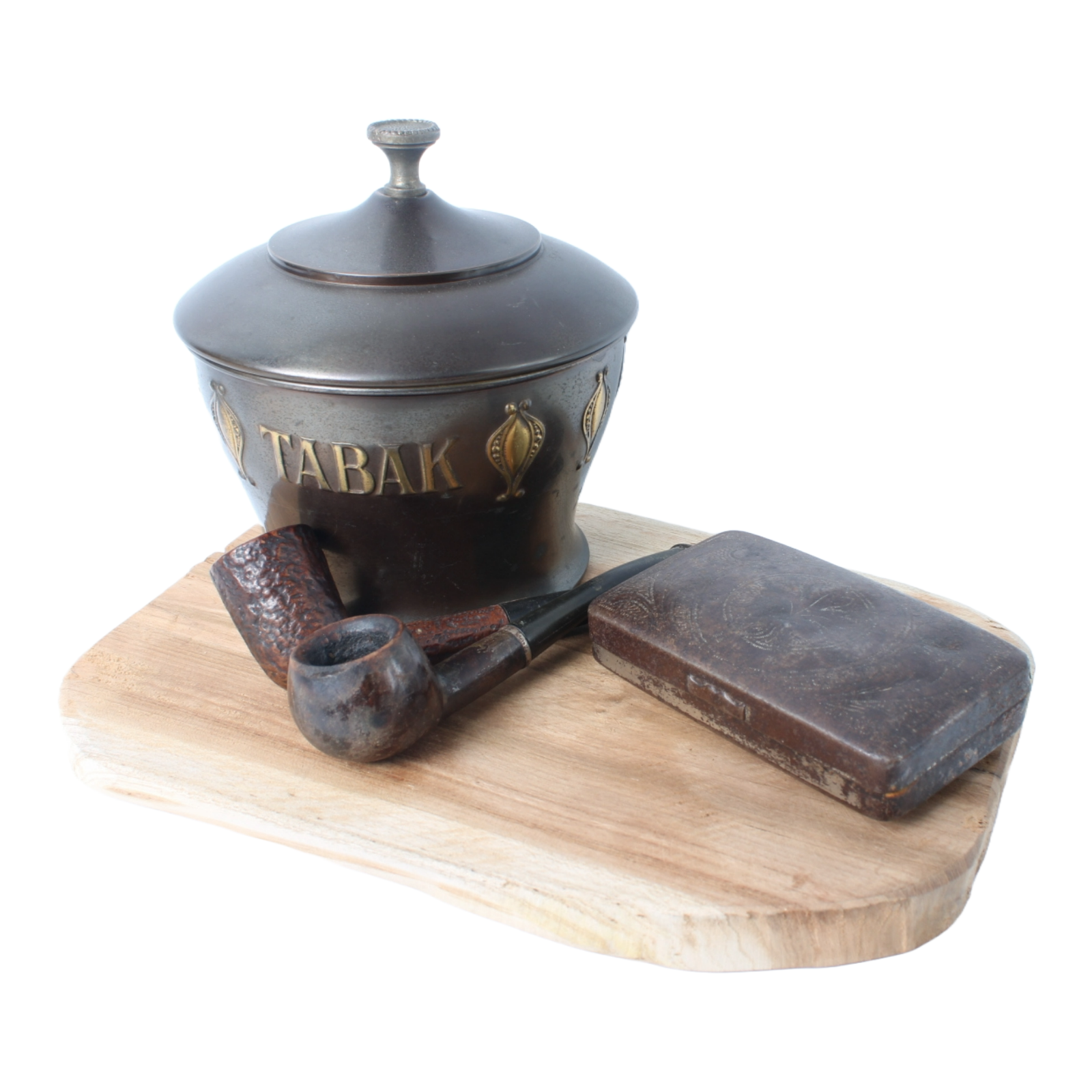 Vintage metal tobacco jar with wooden pipes, tin box and rustic wooden tray