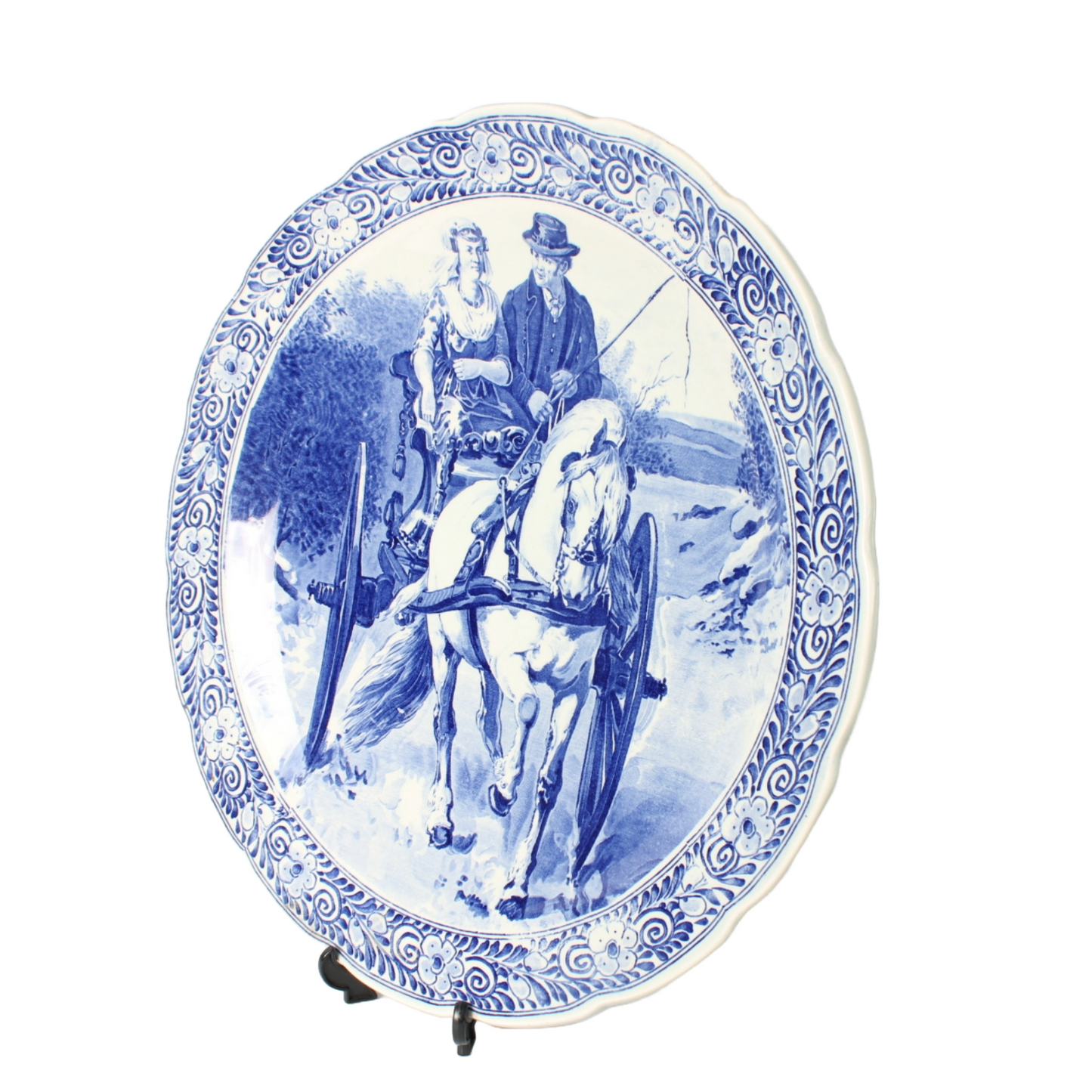 Antique Delft Blue Wall Plate with Horse and Carriage - Traditional Dutch Scene