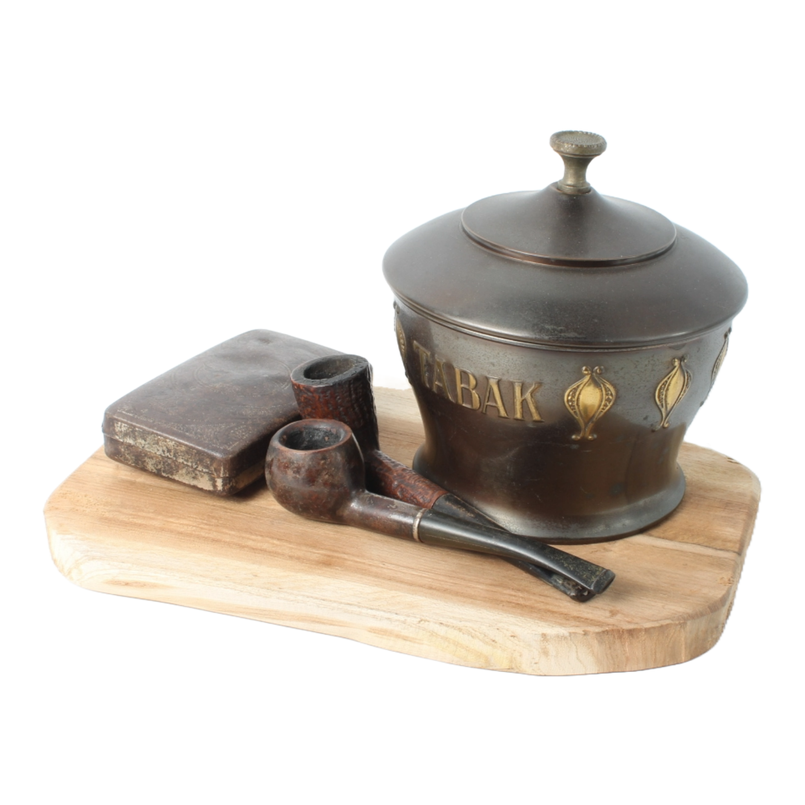Vintage metal tobacco jar with wooden pipes, tin box and rustic wooden tray