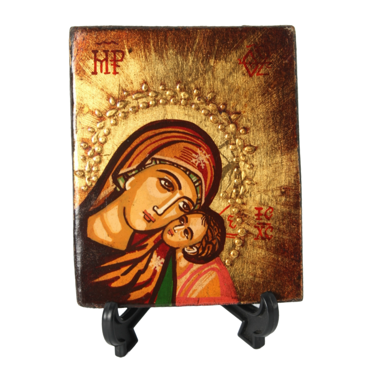 Hand-Painted Orthodox Icon of Virgin Mary and Child, Made in Romania, 12.5x10 cm