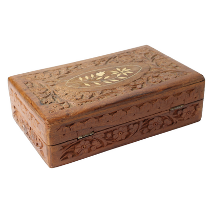 Hand-Carved Wooden Jewelry Box from India with Floral Relief and Inlaid Panel