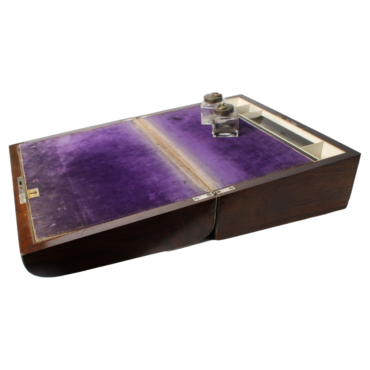 Antique Writing Slope – Wooden 19th Century Writing Box with Purple Velvet Inter