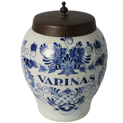 Antique Tobacco Jar VARINAS | Oldenkott Weesp Aº 1760 | Delft Blue Pottery with