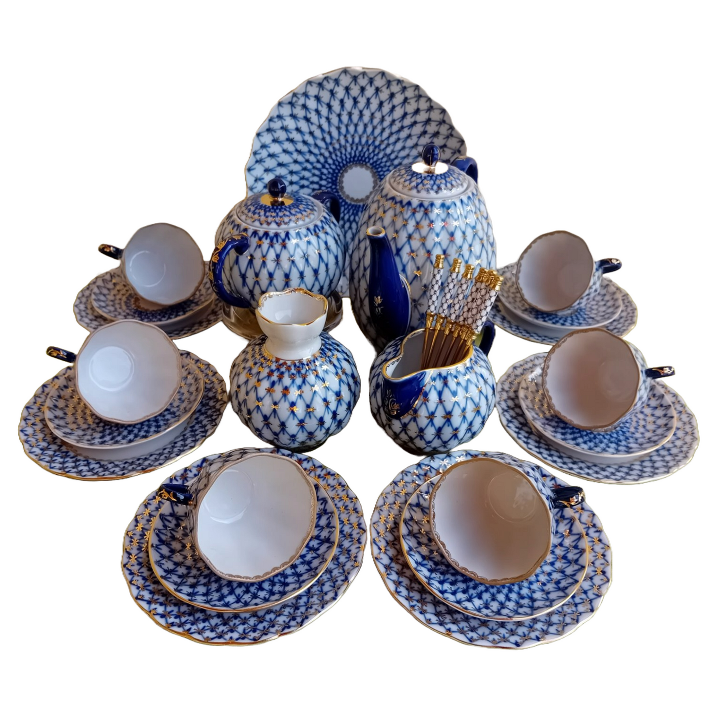 Luxury 23-Piece Vintage Lomonosov Cobalt Net Coffee Set with Gold Accents