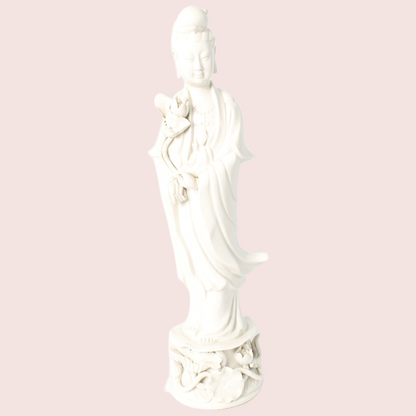 Vintage blanc-de-Chine Guanyin statue from China – white porcelain with lotus