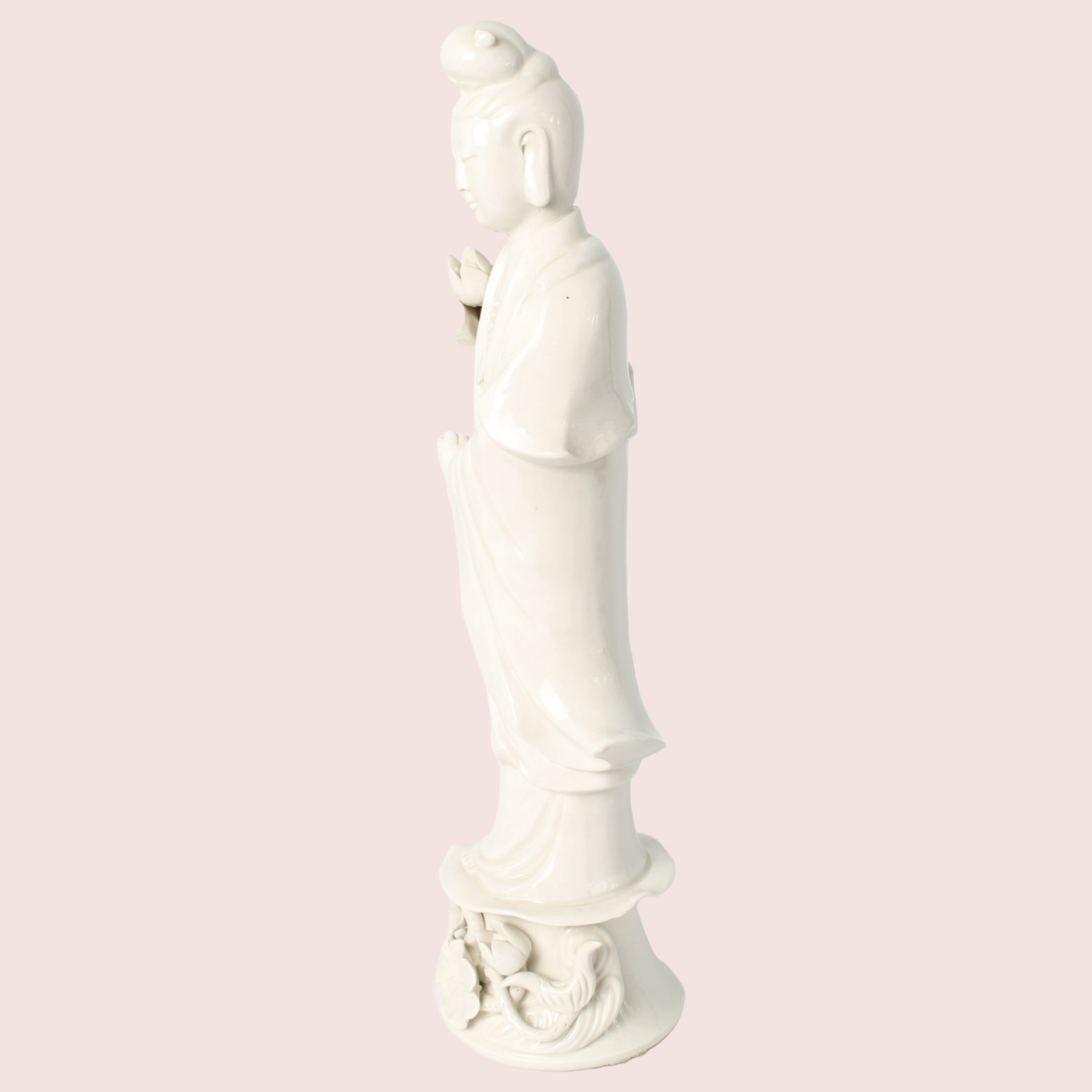 Vintage blanc-de-Chine Guanyin statue from China – white porcelain with lotus