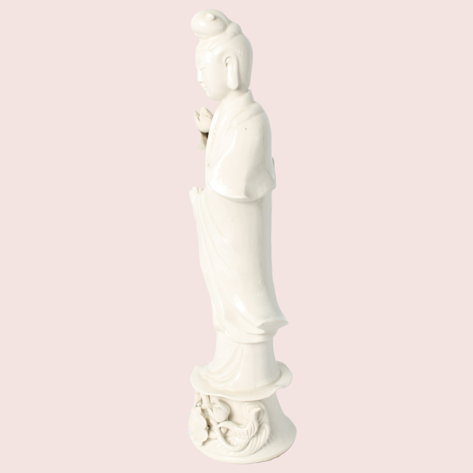 Vintage blanc-de-Chine Guanyin statue from China – white porcelain with lotus
