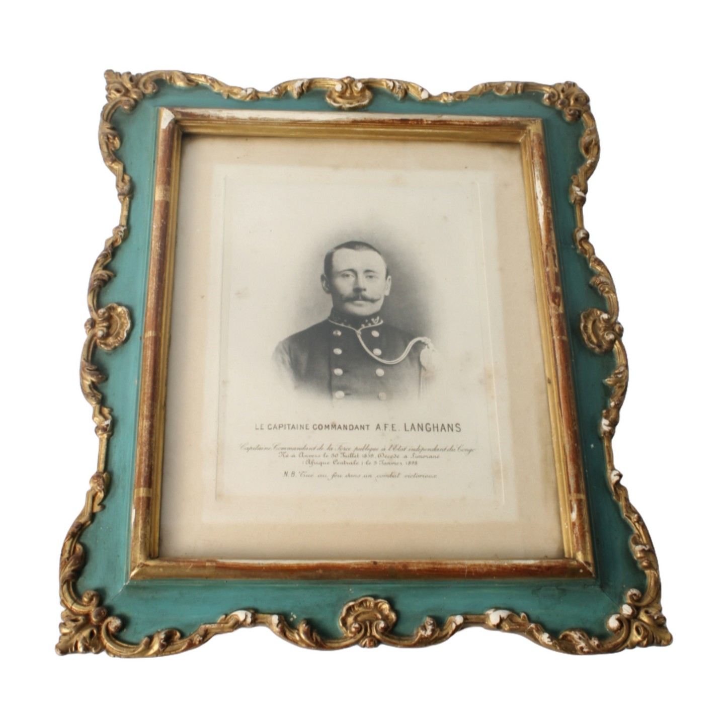 Antique Memorial Portrait of Captain A.F.E. Langhans, Ornate Frame, Belgian