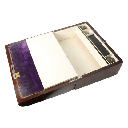 Antique Writing Slope – Wooden 19th Century Writing Box with Purple Velvet Inter
