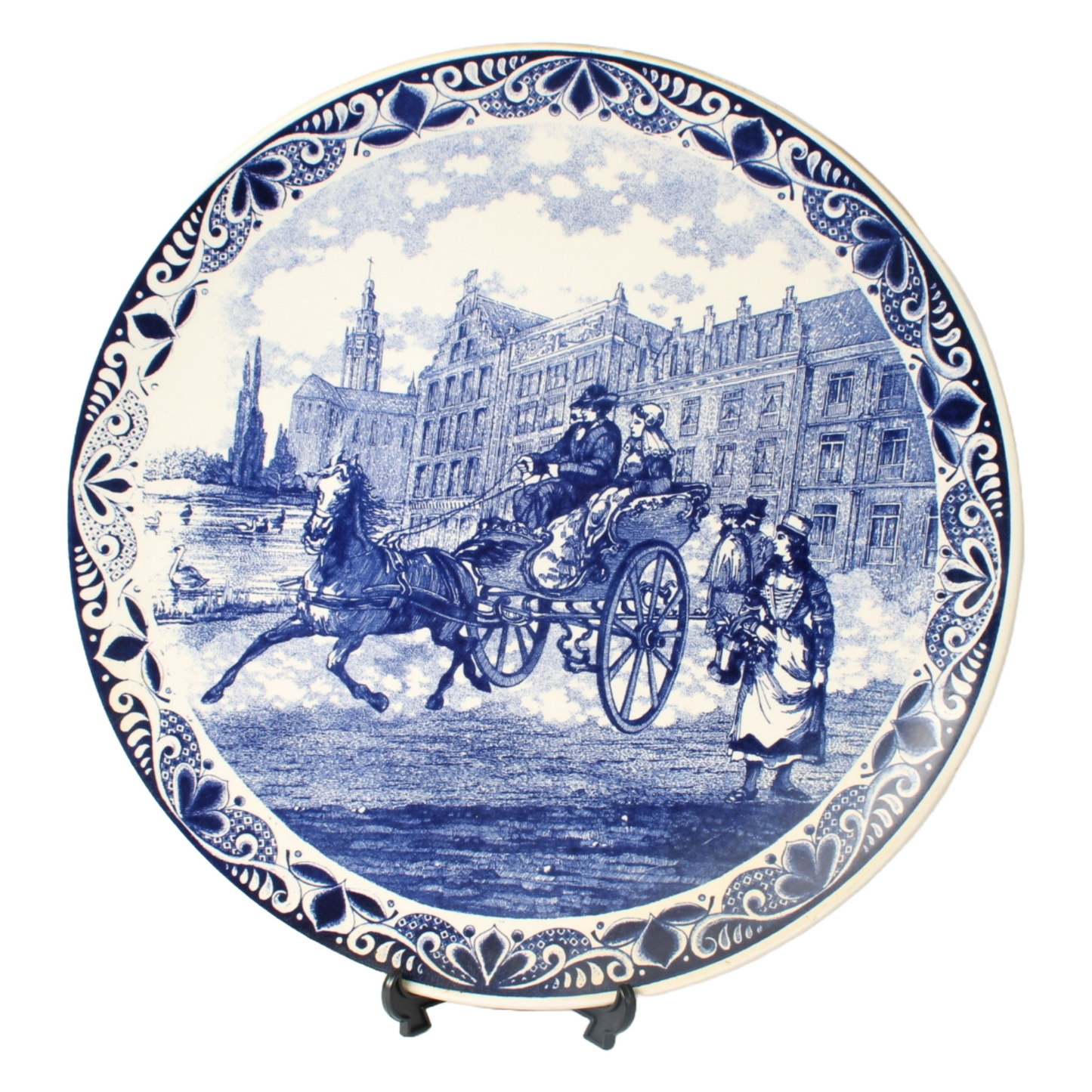 Hand-painted Chemkefa Delft Blue Plate with Dutch Horse and Carriage Scene, 38cm