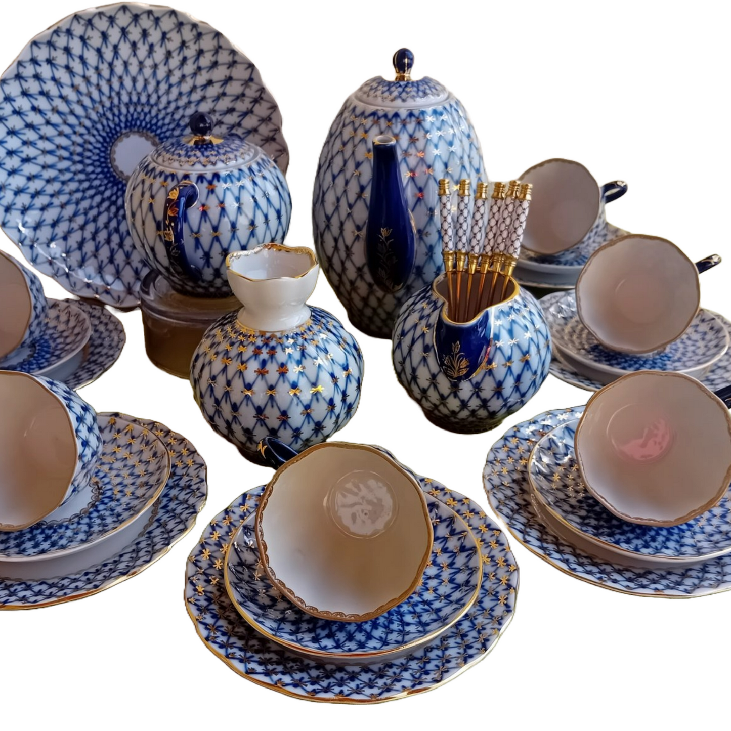 Luxury 23-Piece Vintage Lomonosov Cobalt Net Coffee Set with Gold Accents
