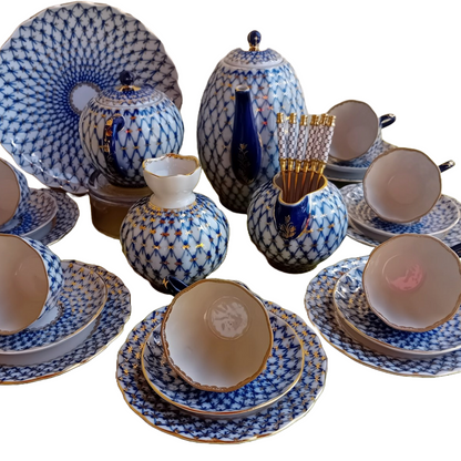 Luxury 23-Piece Vintage Lomonosov Cobalt Net Coffee Set with Gold Accents