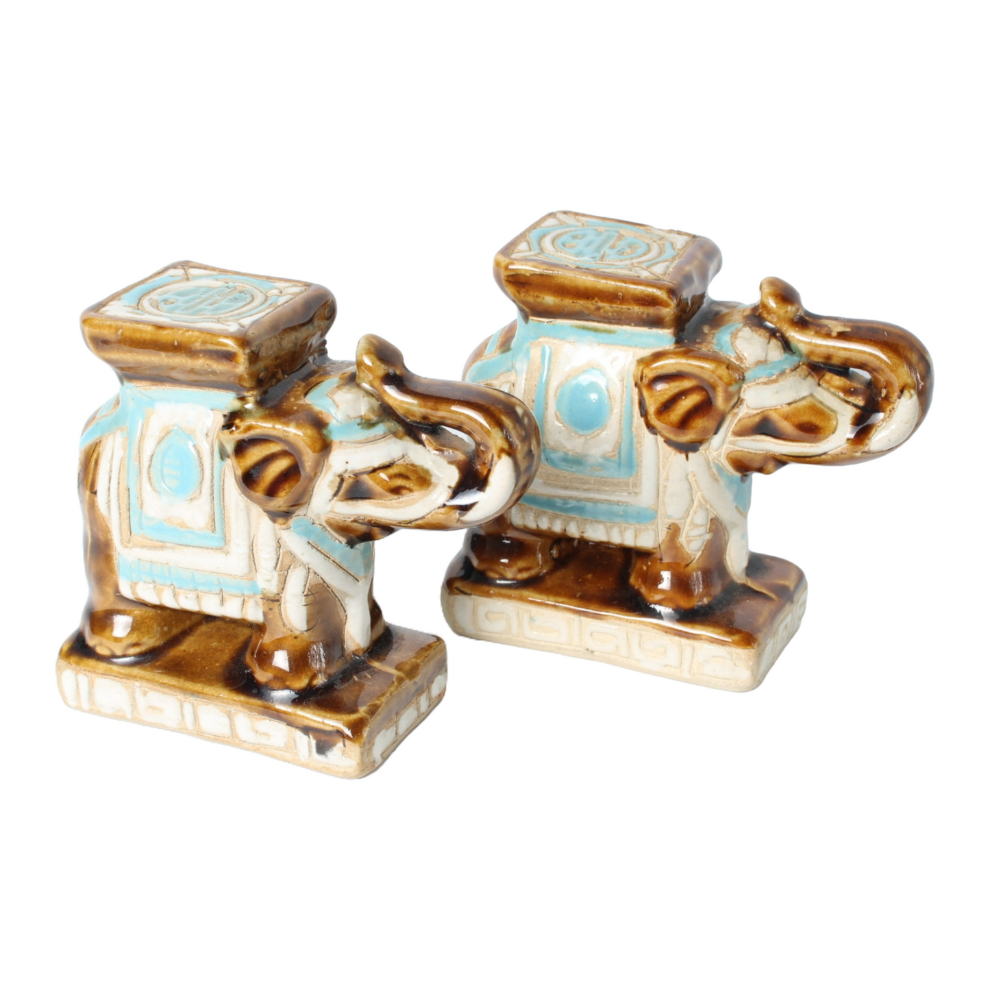 Set of 2 Vintage Ceramic Elephant Figurines with Hand-Painted Blue and Brown