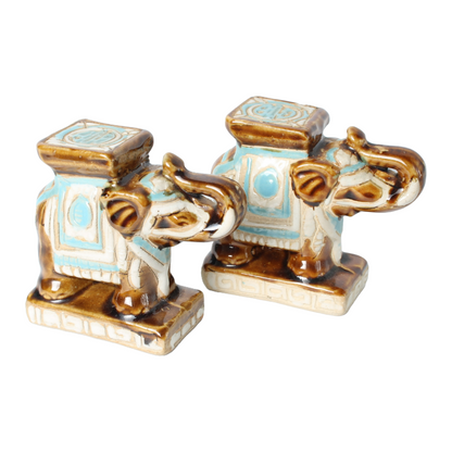 Set of 2 Vintage Ceramic Elephant Figurines with Hand-Painted Blue and Brown