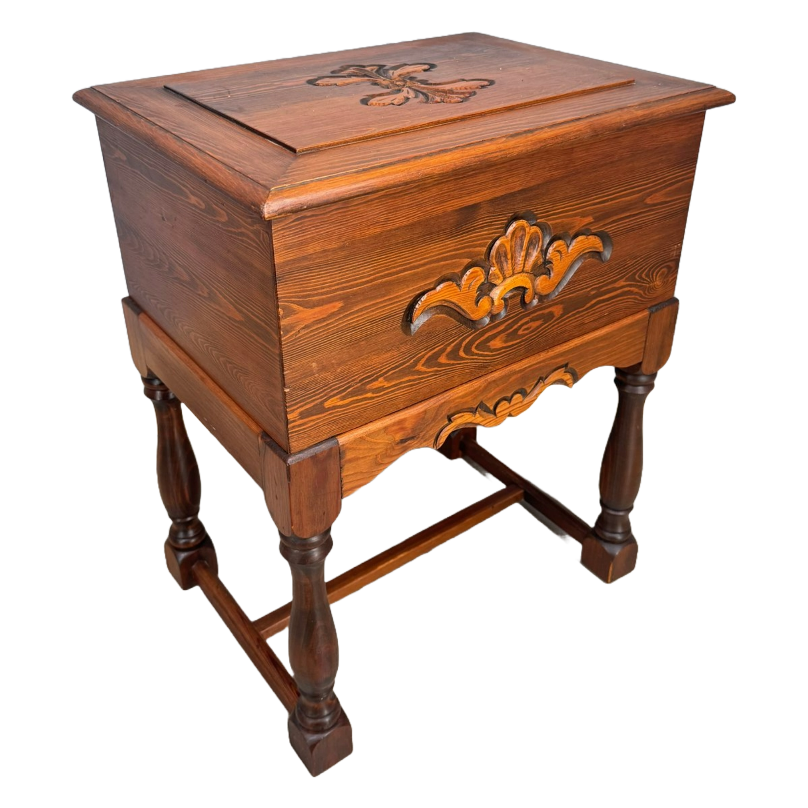 Vintage Scandinavian Sewing Chest on Legs with Hand-Carved Details