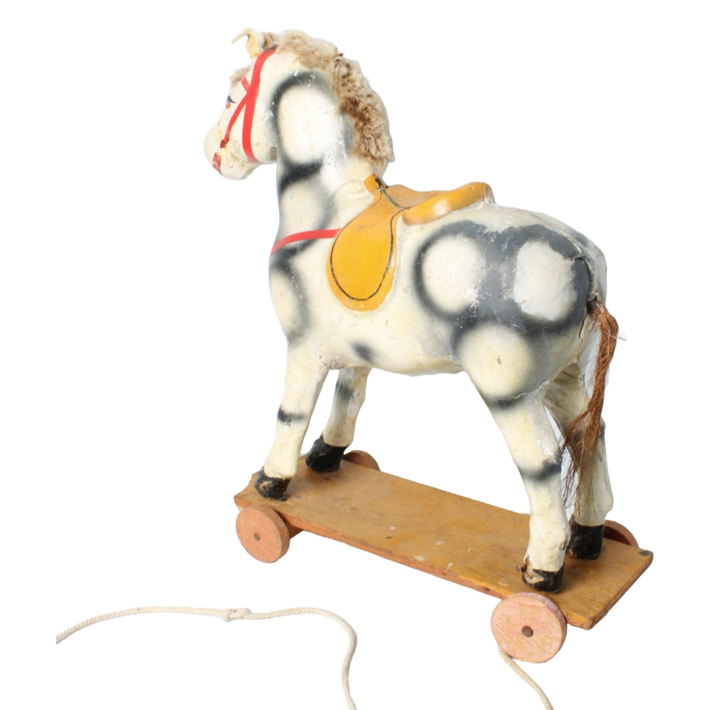 Antique Handcrafted Papier-Mâché Pull Horse on Wheels, French Toy, Circa 1900