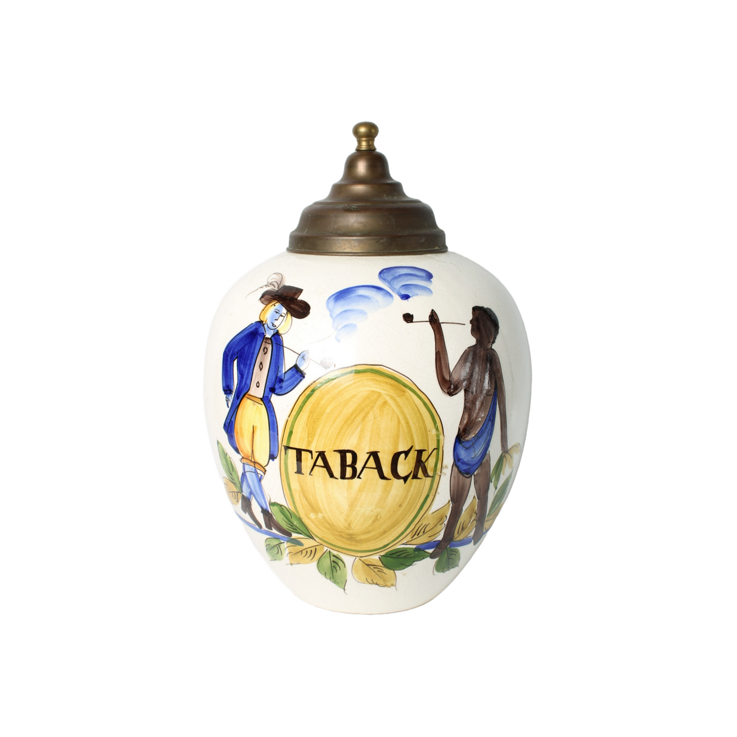 Hand-Painted Ceramic Tobacco Jar with Colonial Imagery and Brass Lid | "TABACK"