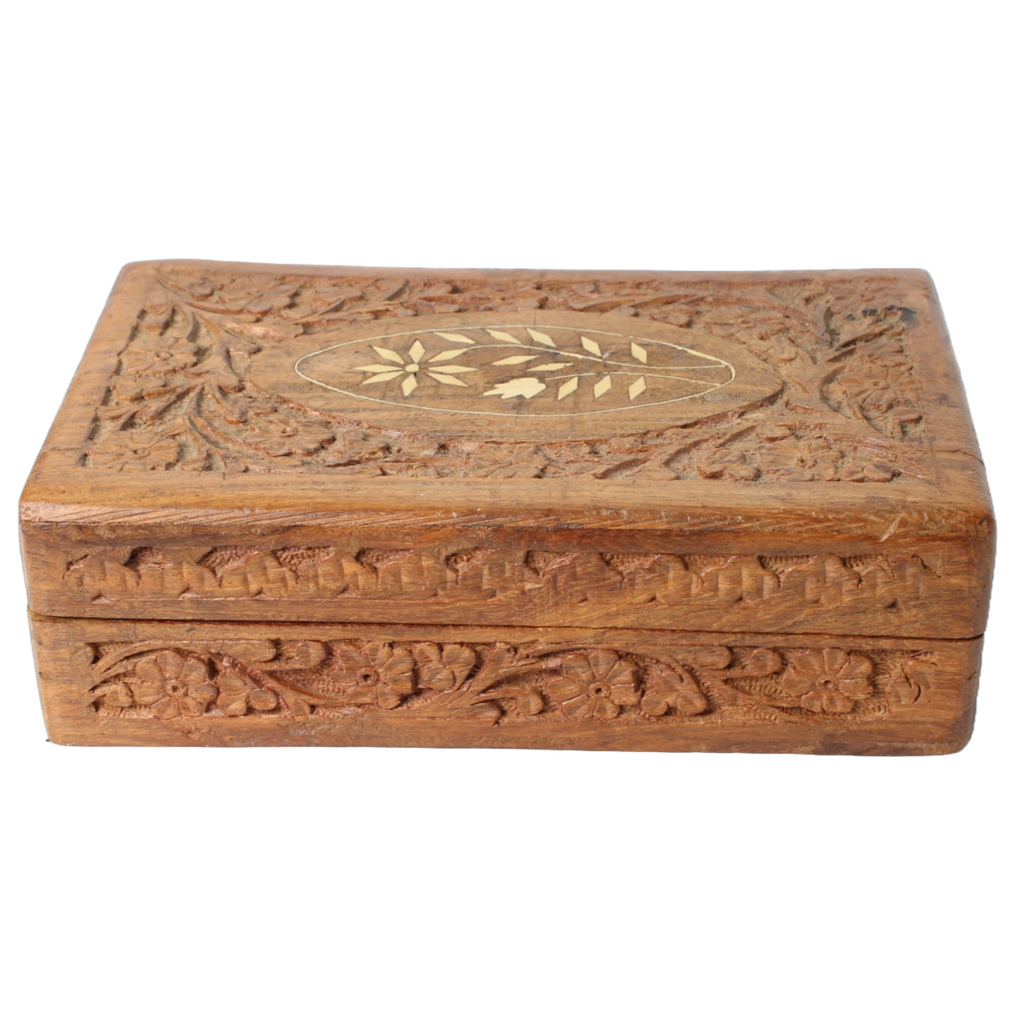 Hand-Carved Wooden Jewelry Box from India with Floral Relief and Inlaid Panel