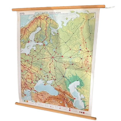 Vintage Eastern Europe School Map from 1970 on Canvas with Wooden Rods