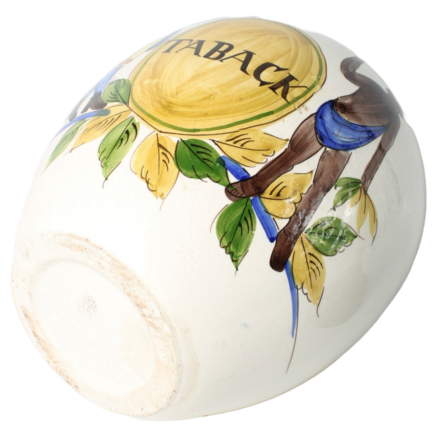 Hand-Painted Ceramic Tobacco Jar with Colonial Imagery and Brass Lid | "TABACK"