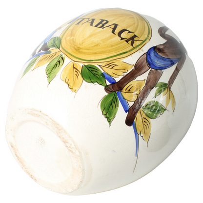 Hand-Painted Ceramic Tobacco Jar with Colonial Imagery and Brass Lid | "TABACK"